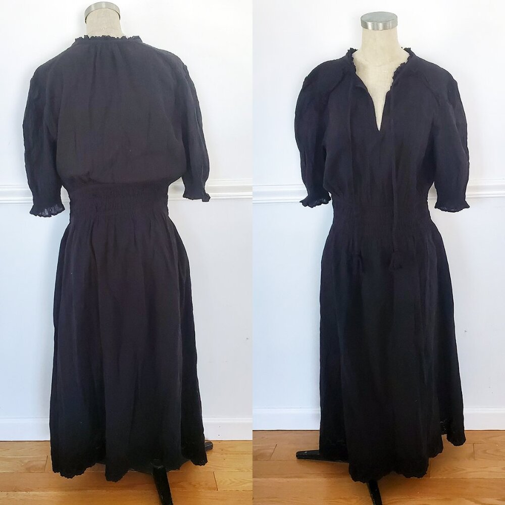 Black Smocked Waist Maxi Dress with Ruffled Neckline